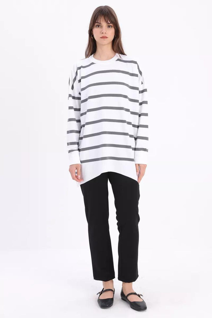 Crew Neck Striped Sweater Tunic - Ecru-Grey - modestanbul