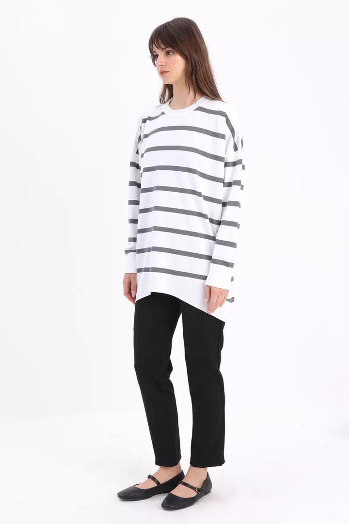 Crew Neck Striped Sweater Tunic - Ecru-Grey - modestanbul