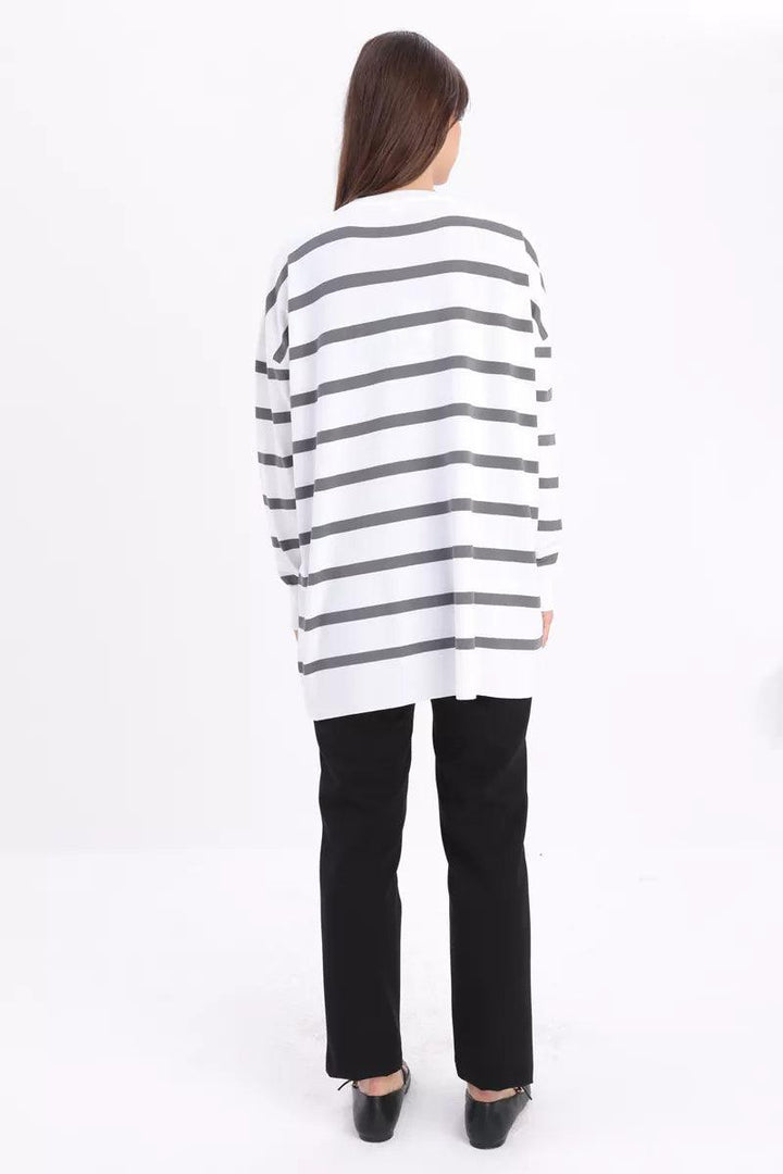 Crew Neck Striped Sweater Tunic - Ecru-Grey - modestanbul