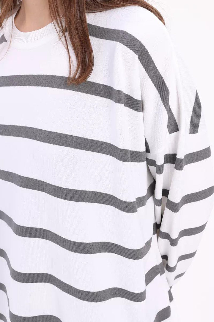 Crew Neck Striped Sweater Tunic - Ecru-Grey - modestanbul