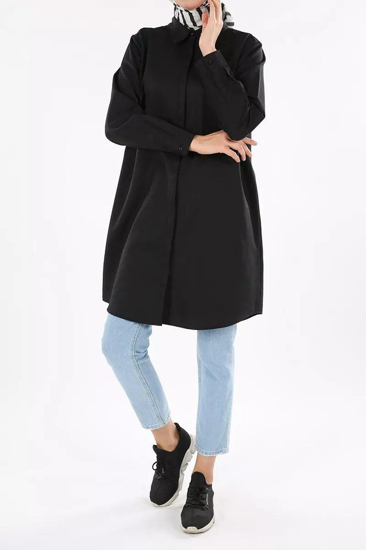 Plus Size Basic Shirt Tunic - Black - modestanbul