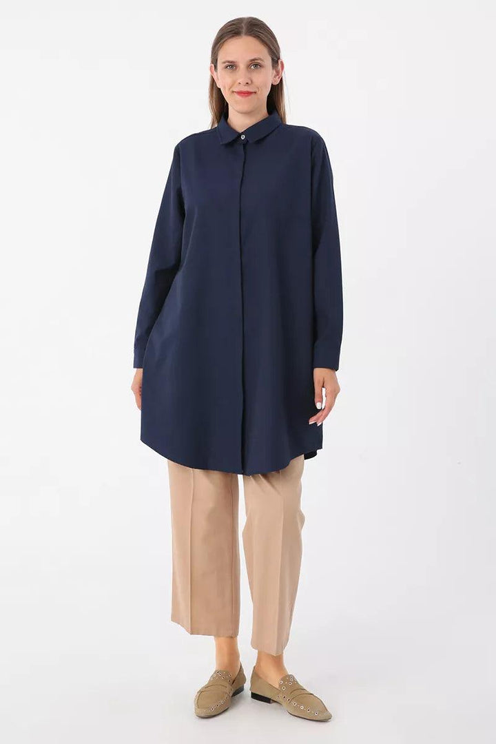 Plus Size Basic Shirt Tunic - Navy Blue - modestanbul