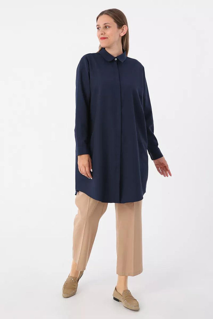 Plus Size Basic Shirt Tunic - Navy Blue - modestanbul