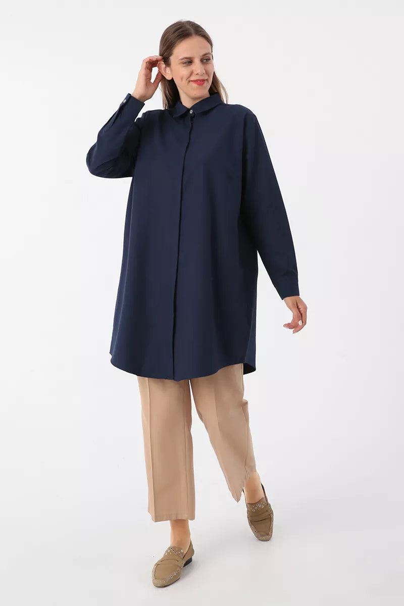 Plus Size Basic Shirt Tunic - Navy Blue - modestanbul