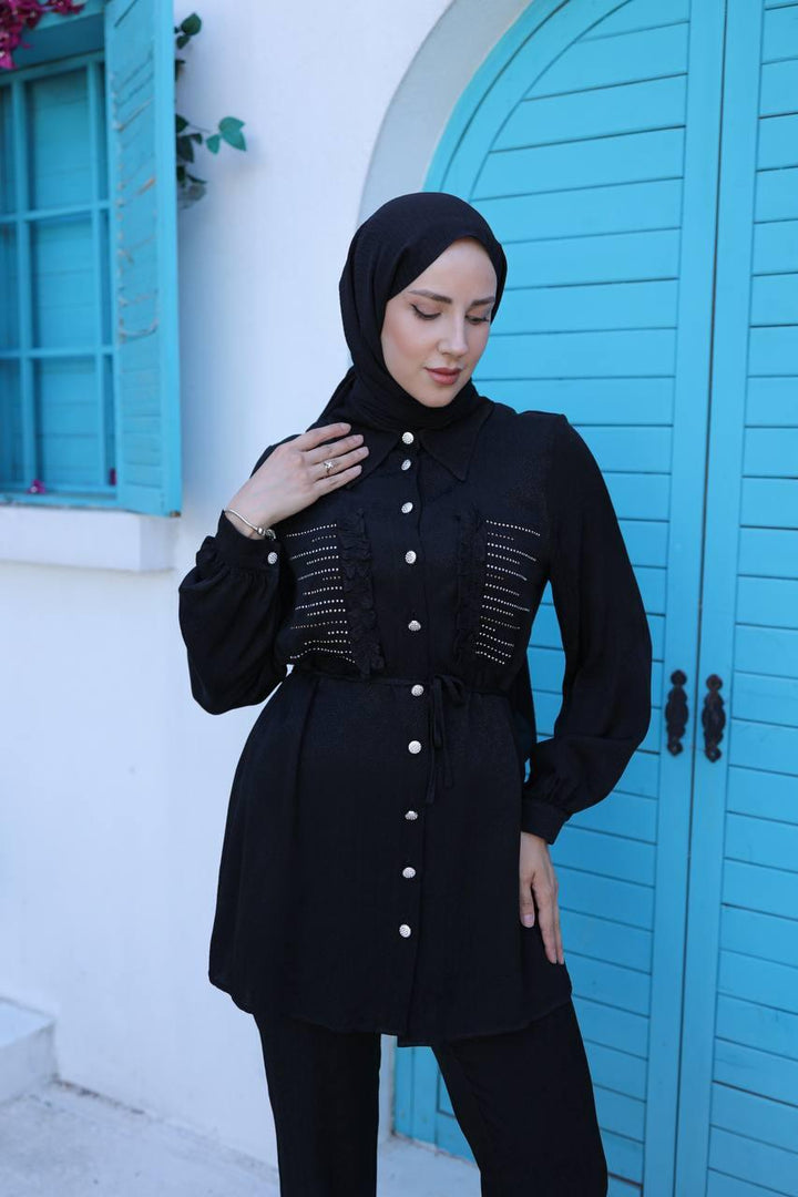 Ruffled Set with Pocket Stones - Black - modestanbul