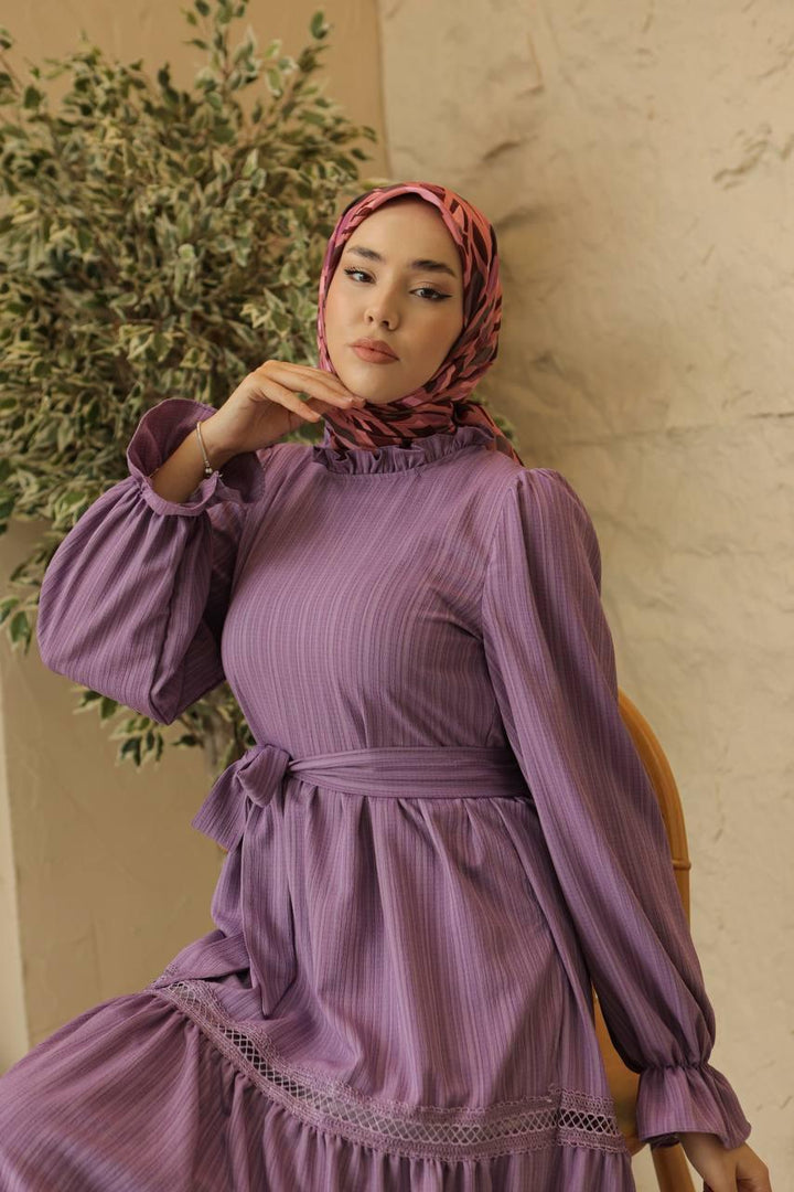 Dress with Lace Skirt - Purple - modestanbul