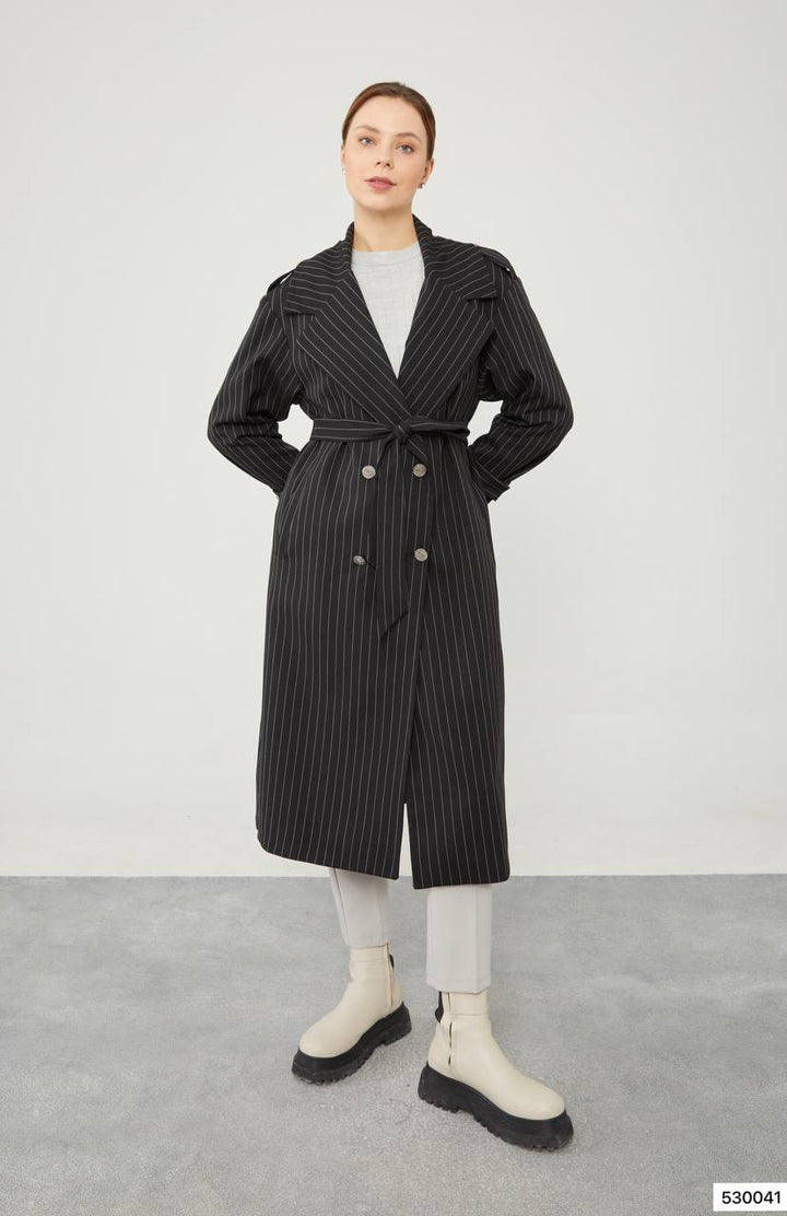 Striped Trench Coat - Black - modestanbul