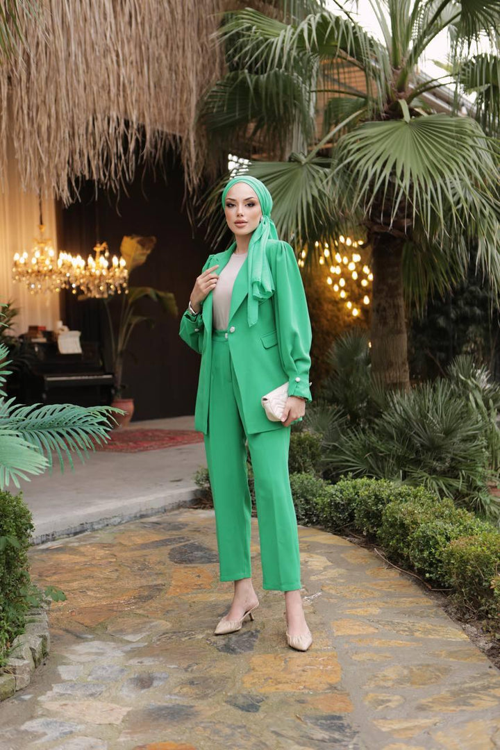 Pleated Sleeve Set - Green - modestanbul