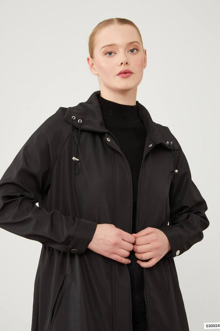 Top Collar Tunneled Trench Coat - Black - modestanbul