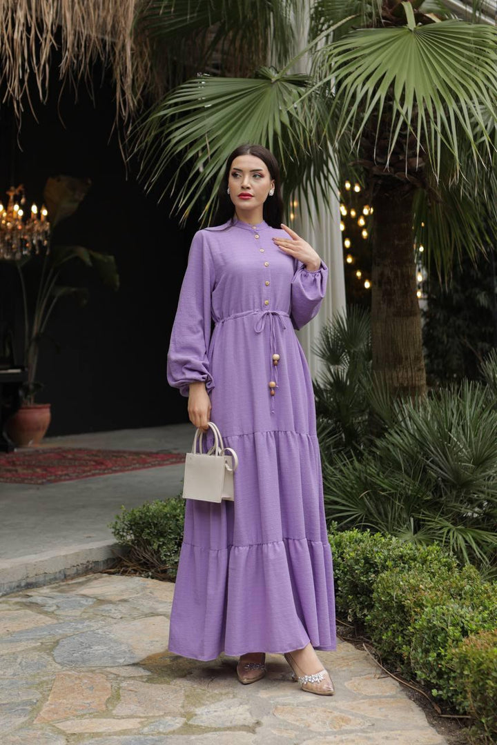 Waist Tunnelled Dress - Purple - modestanbul