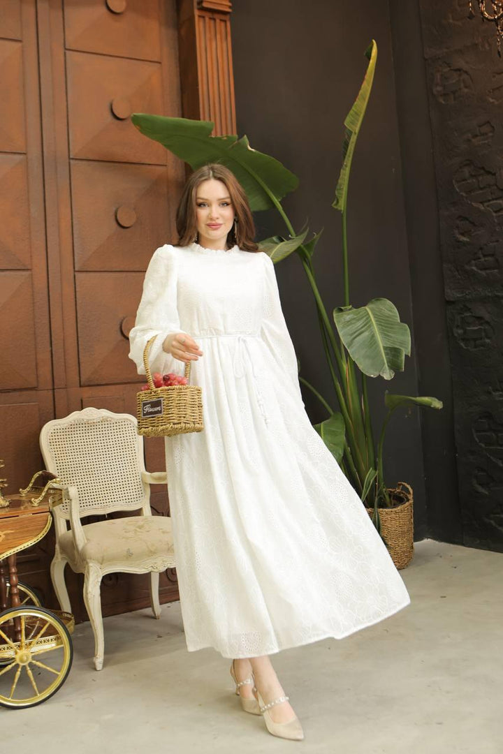 Flower Embroidery Pattern Dress - White - modestanbul