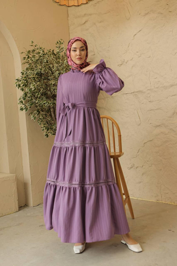 Dress with Lace Skirt - Purple - modestanbul