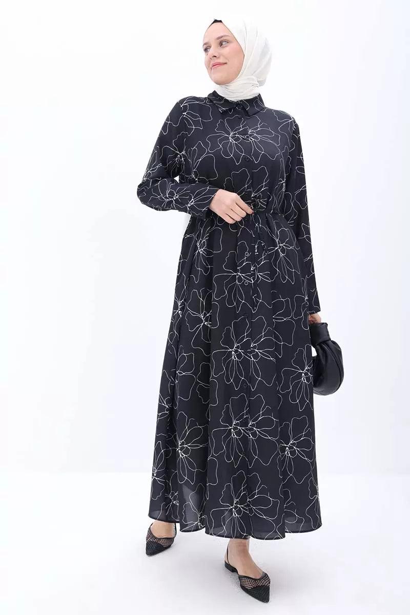 Patterned Windbreaker Belted Dress - Black-Ecru - modestanbul