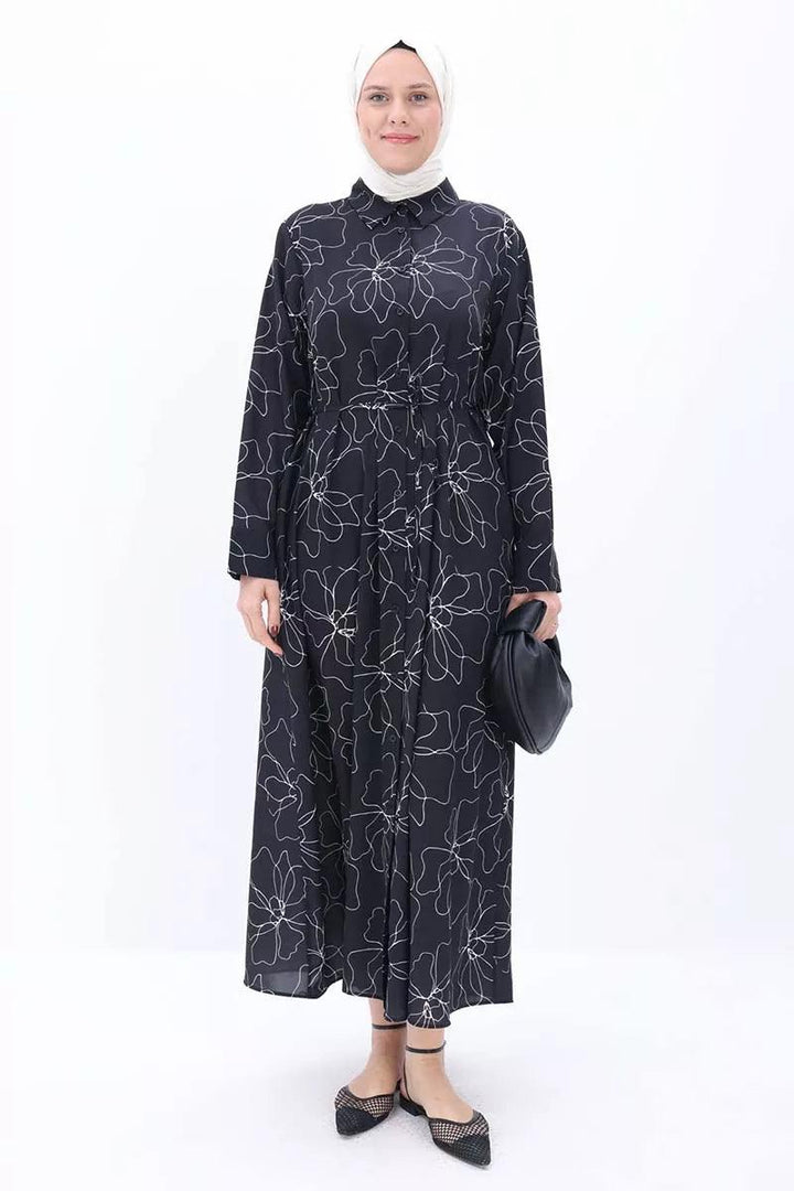 Patterned Windbreaker Belted Dress - Black-Ecru - modestanbul