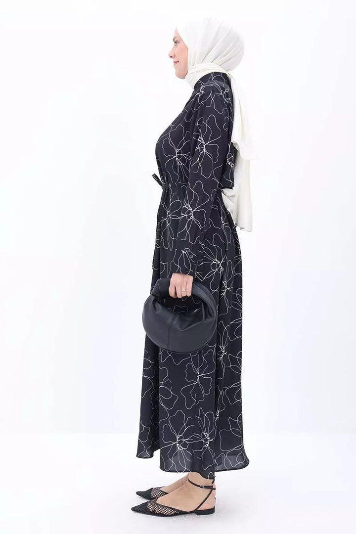 Patterned Windbreaker Belted Dress - Black-Ecru - modestanbul