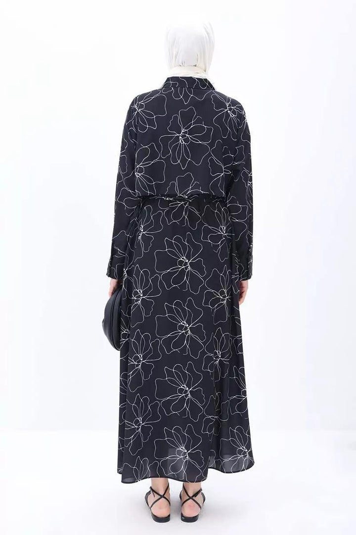 Patterned Windbreaker Belted Dress - Black-Ecru - modestanbul