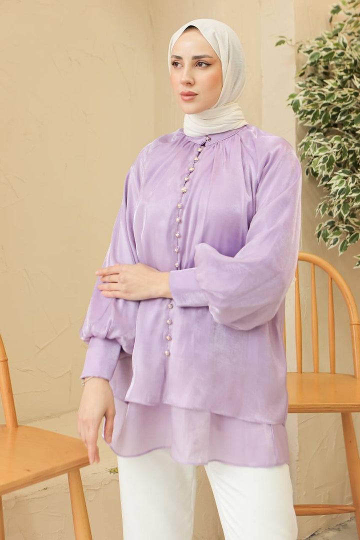 Front Buttoned Tunic - Lilac - modestanbul