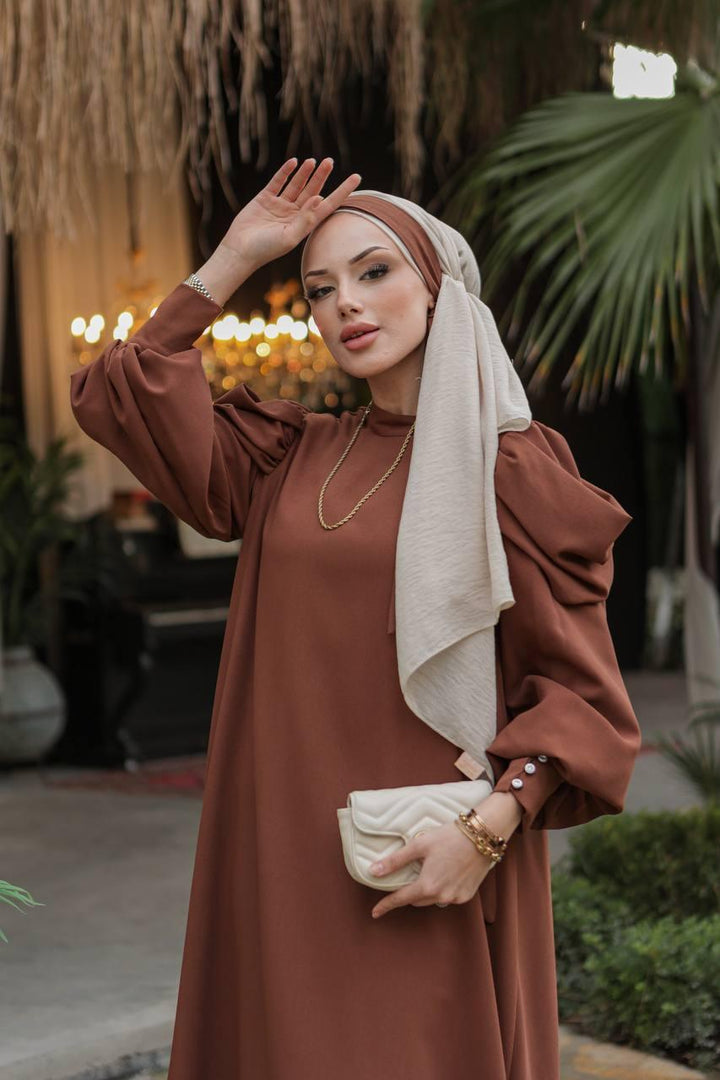 Aller Sleeve Dress - Brown - modestanbul