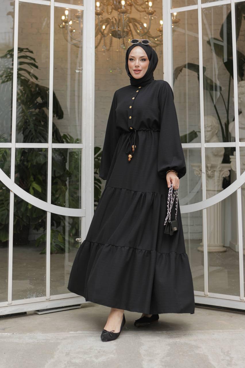 Waist Tunnelled Dress - Black - modestanbul