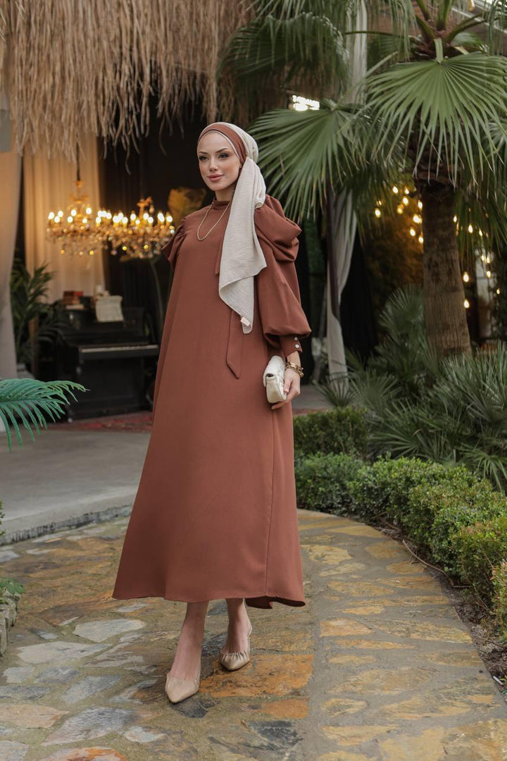 Aller Sleeve Dress - Brown - modestanbul