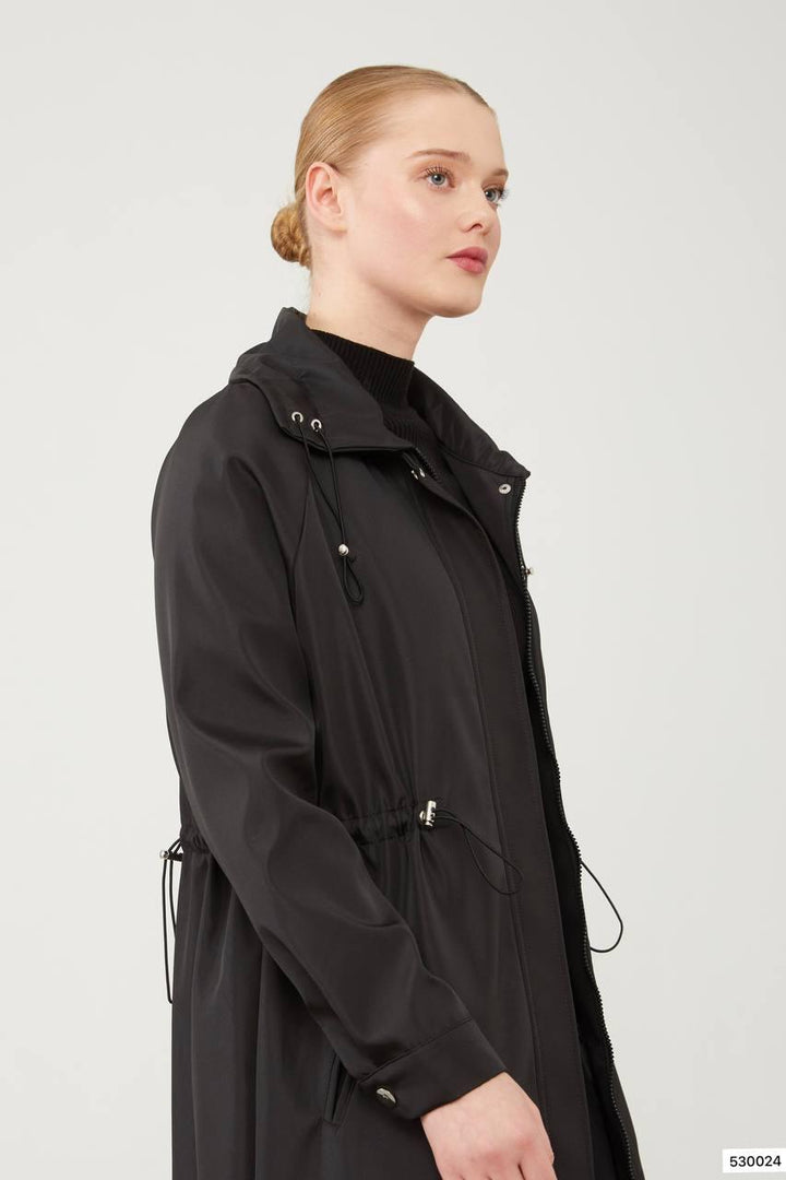 Top Collar Tunneled Trench Coat - Black - modestanbul