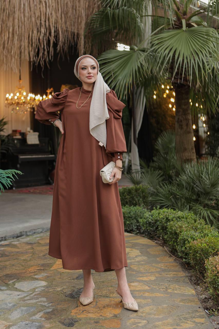 Aller Sleeve Dress - Brown - modestanbul