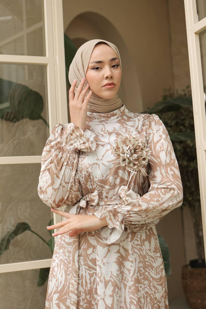 Satin Flower Pattern Dress - Brown - modestanbul