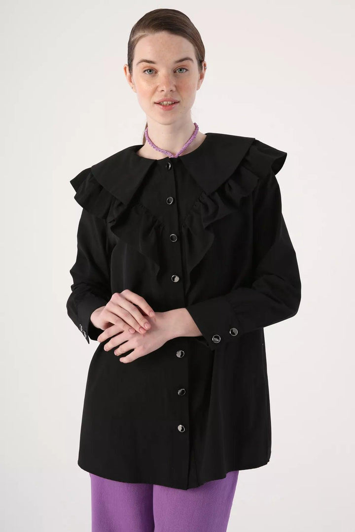 Ruffled Big Collar Shirt Tunic - Black - modestanbul