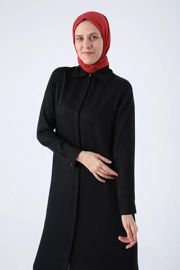 Hidden Button Front Dress Tunic - Black - modestanbul