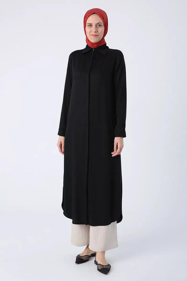 Hidden Button Front Dress Tunic - Black - modestanbul