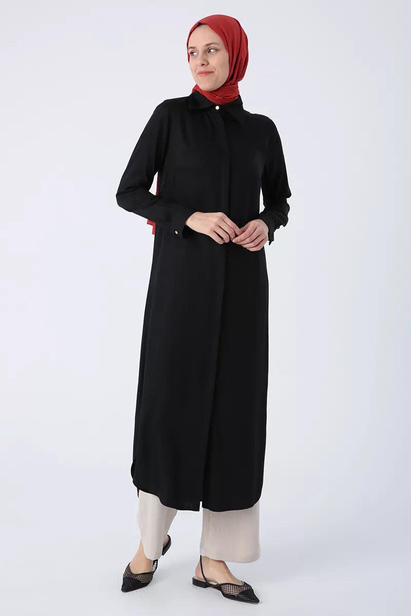 Hidden Button Front Dress Tunic - Black - modestanbul