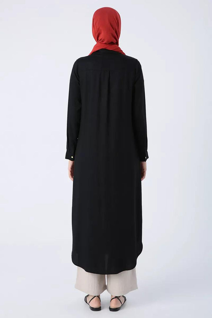 Hidden Button Front Dress Tunic - Black - modestanbul