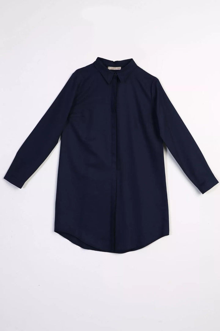 Hidden Button Shirt Tunic - Navy Blue - modestanbul