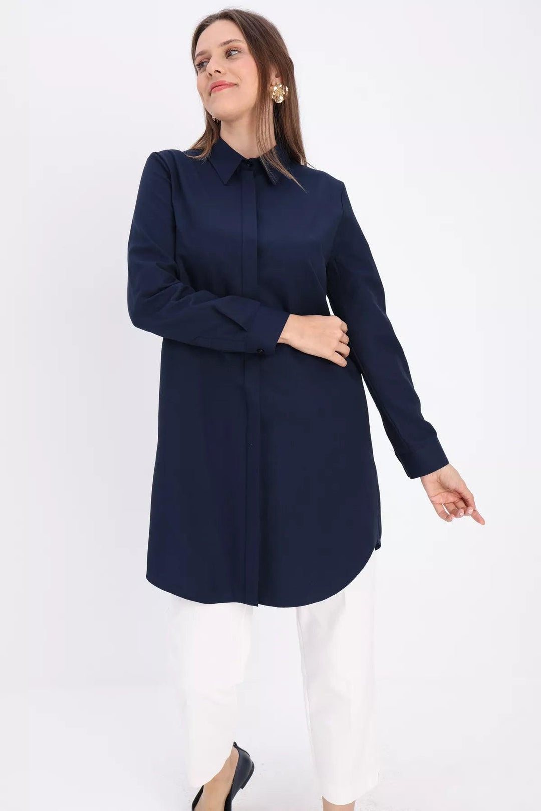 Hidden Button Shirt Tunic - Navy Blue - modestanbul