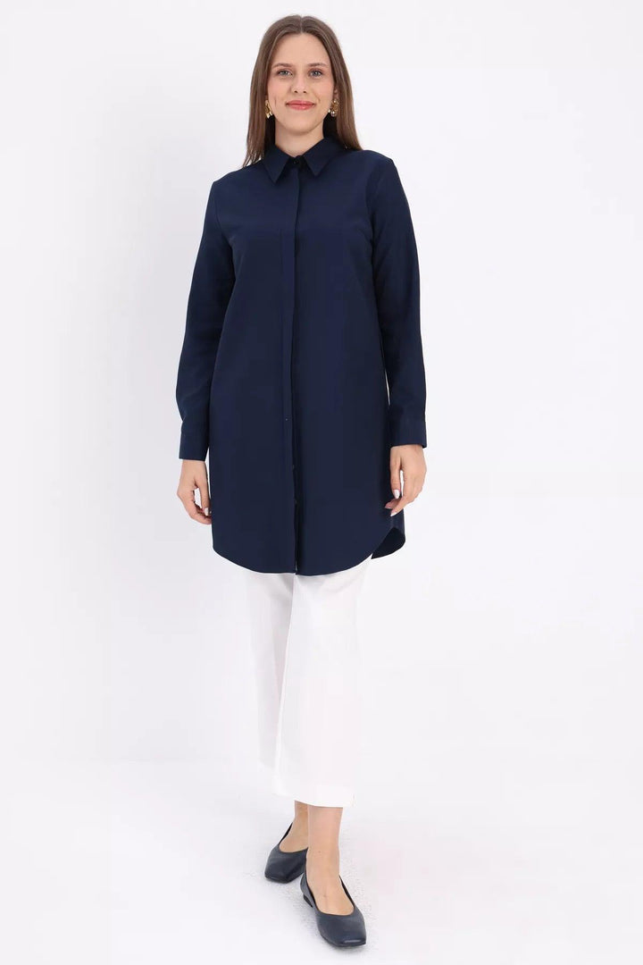 Hidden Button Shirt Tunic - Navy Blue - modestanbul