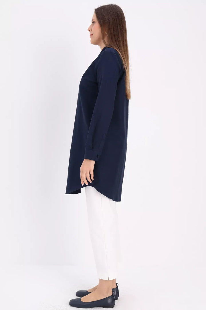 Hidden Button Shirt Tunic - Navy Blue - modestanbul