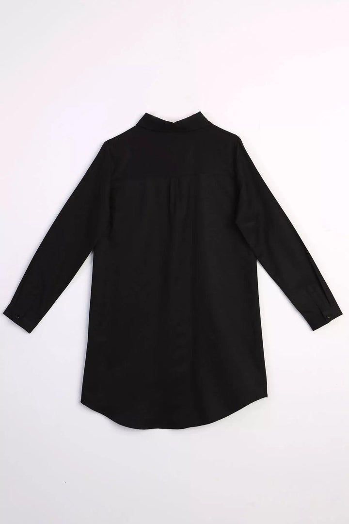 Hidden Button Shirt Tunic - Black - modestanbul