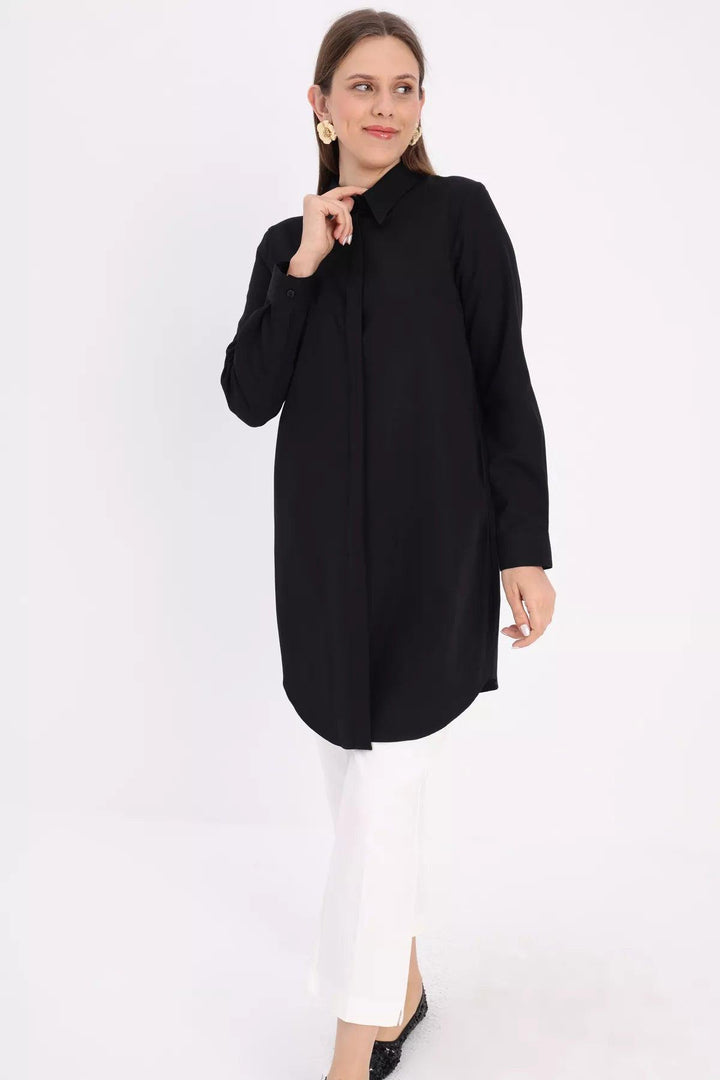 Hidden Button Shirt Tunic - Black - modestanbul