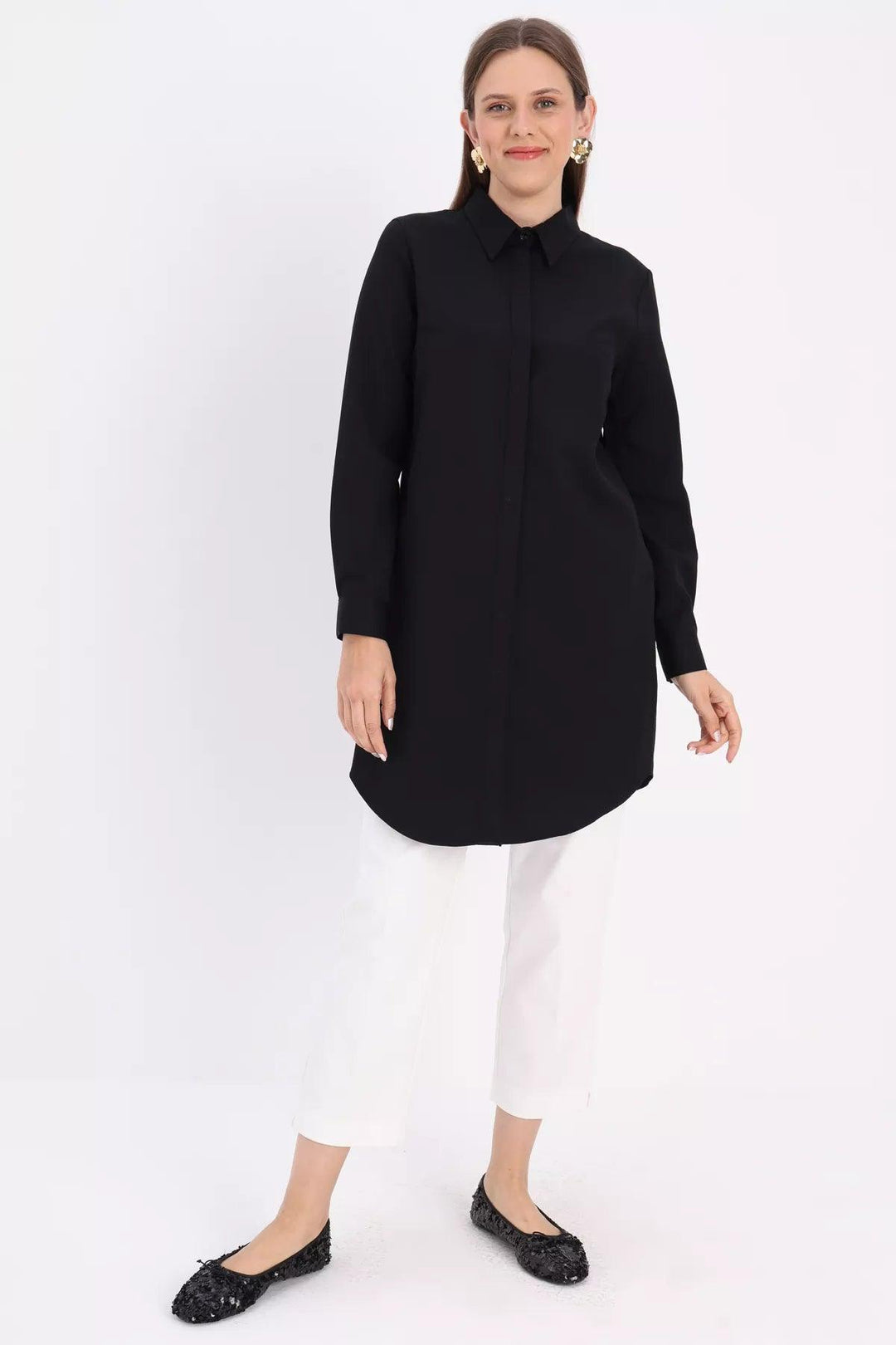 Hidden Button Shirt Tunic - Black - modestanbul