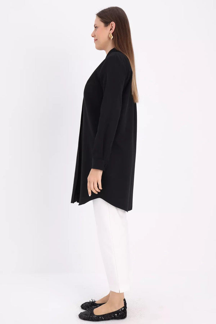 Hidden Button Shirt Tunic - Black - modestanbul