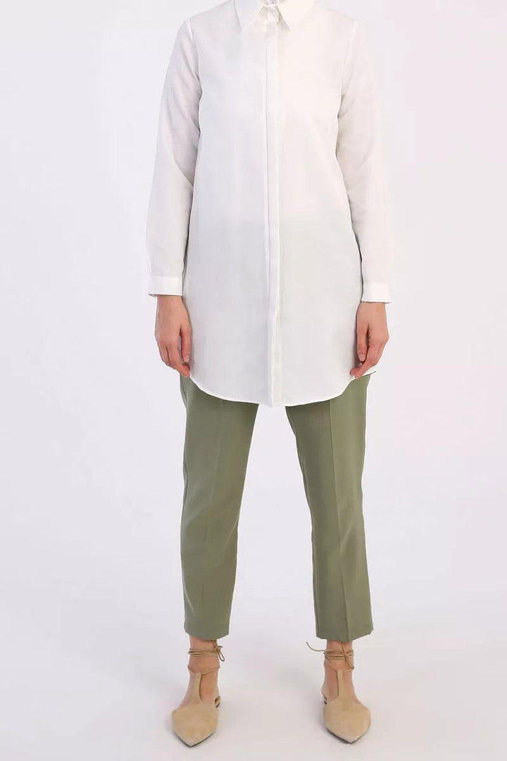 Hidden Button Shirt Tunic - Ecru - modestanbul