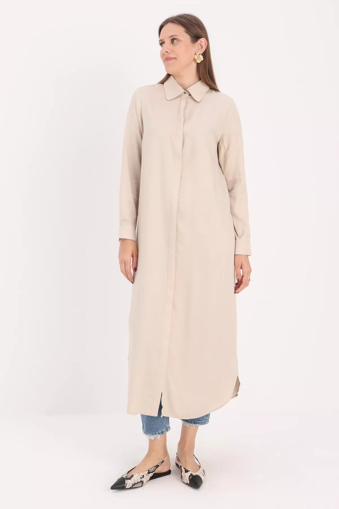 Hidden Button Front Dress Tunic - Stone