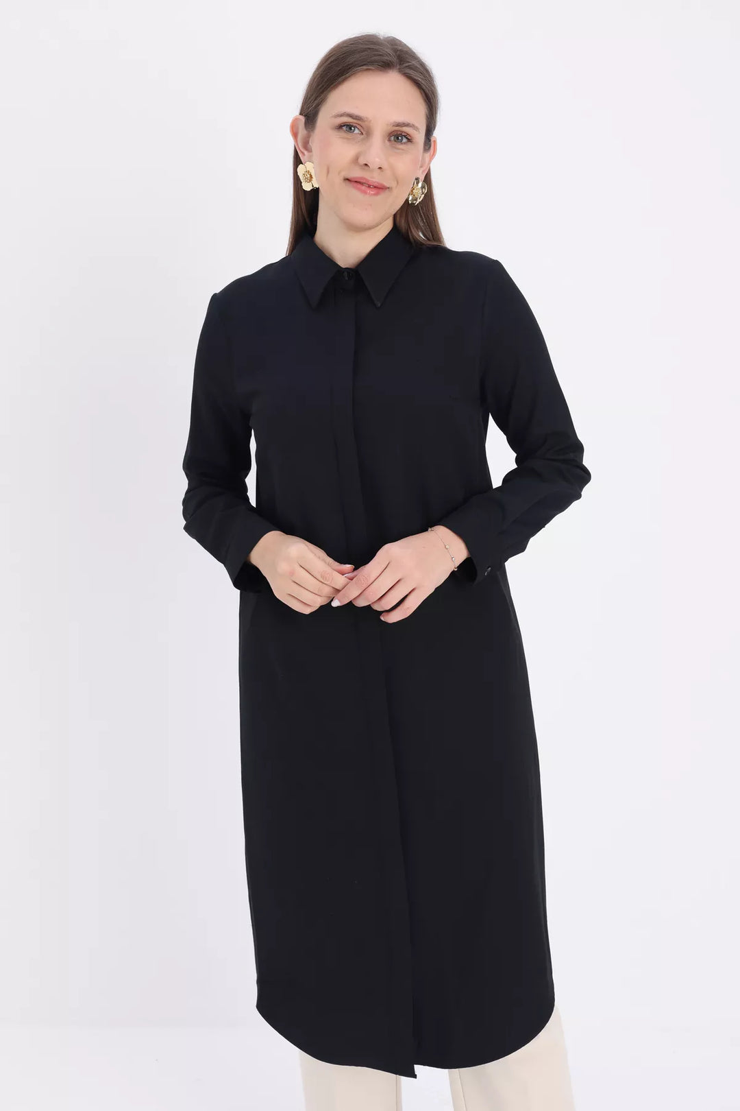 Hidden Button Long Shirt - Black