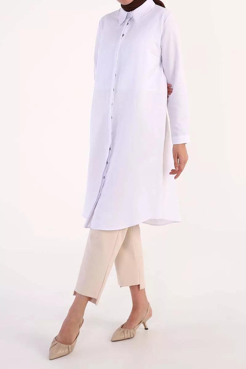 Hidden Button Long Shirt - White - modestanbul