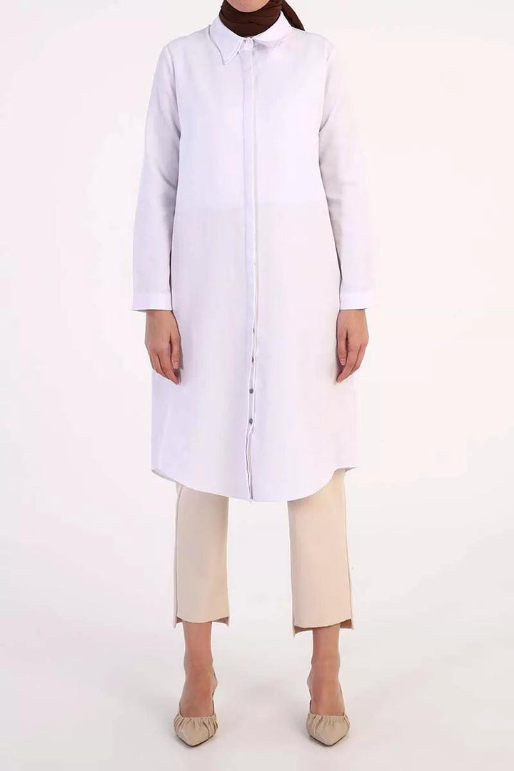 Hidden Button Long Shirt - White - modestanbul