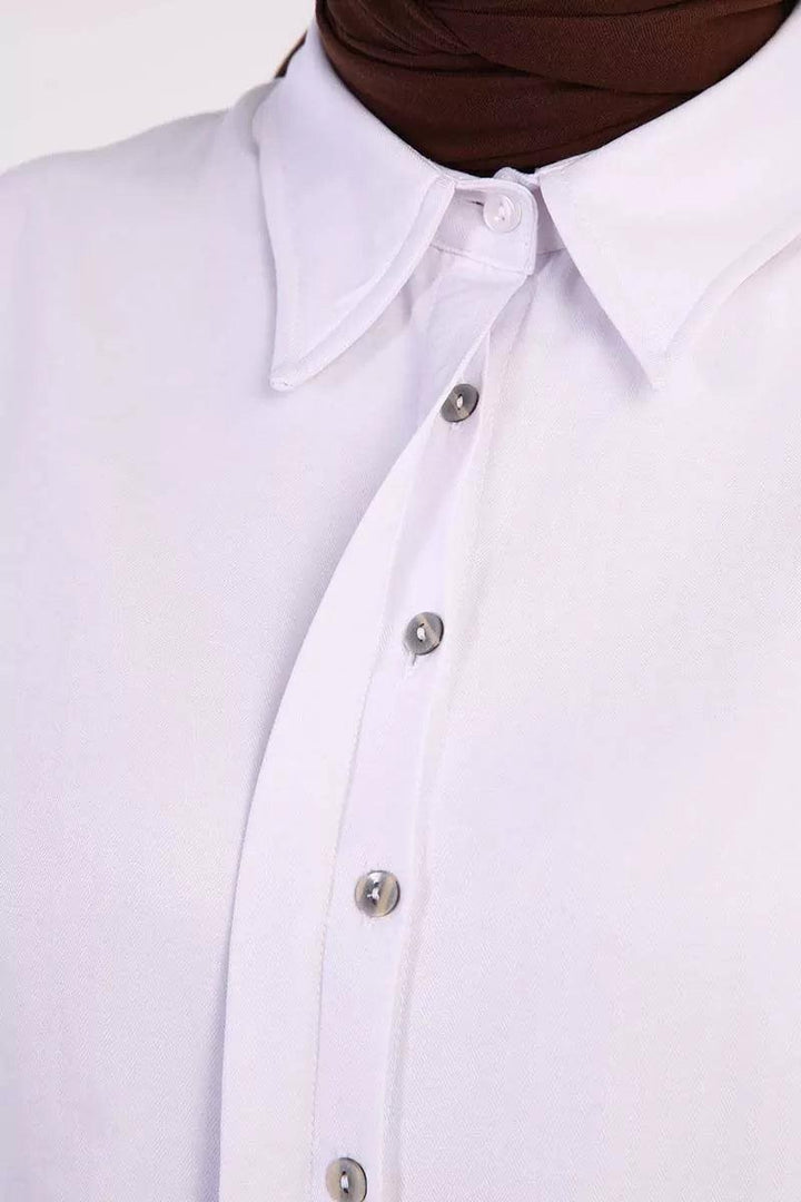 Hidden Button Long Shirt - White - modestanbul