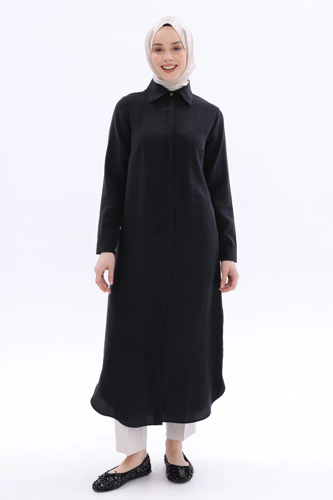 Hidden Button Tencel Shirt Tunic - Black