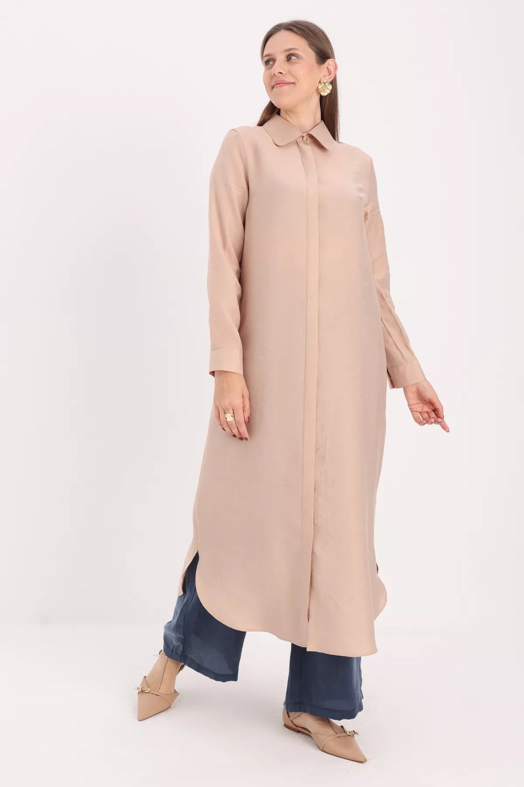 Hidden Button Tencel Shirt Tunic - Mink