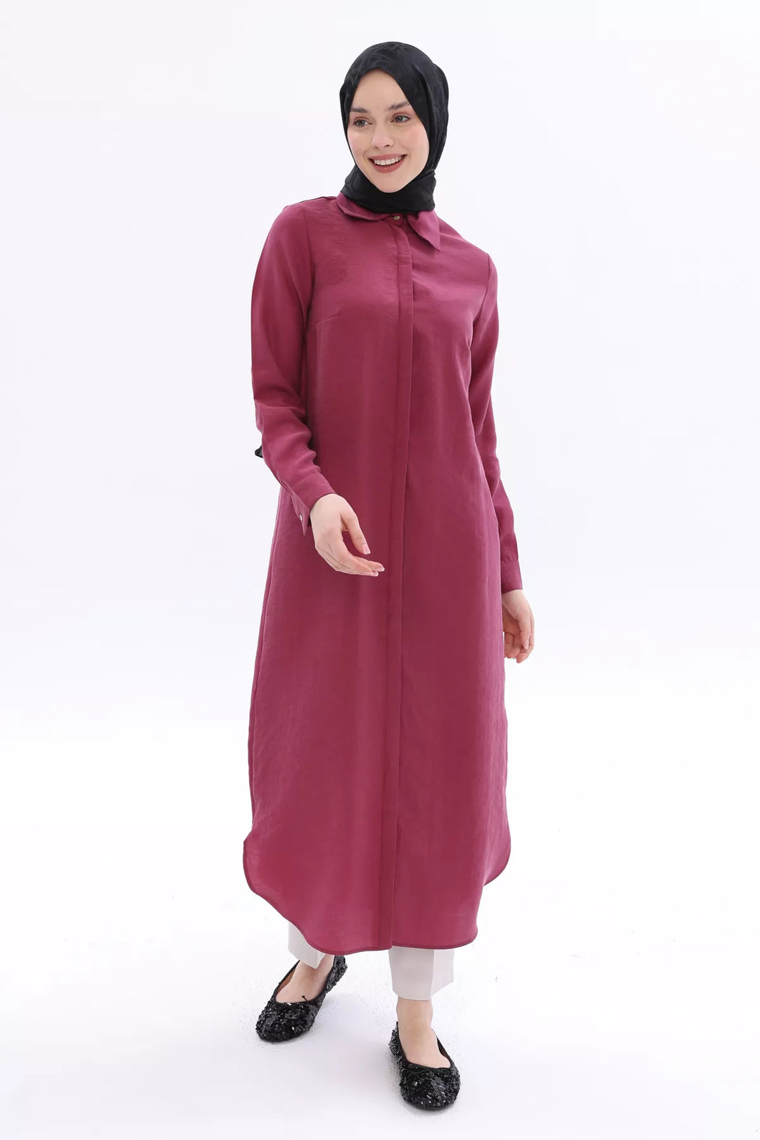 Hidden Button Tencel Shirt Tunic - Cherry