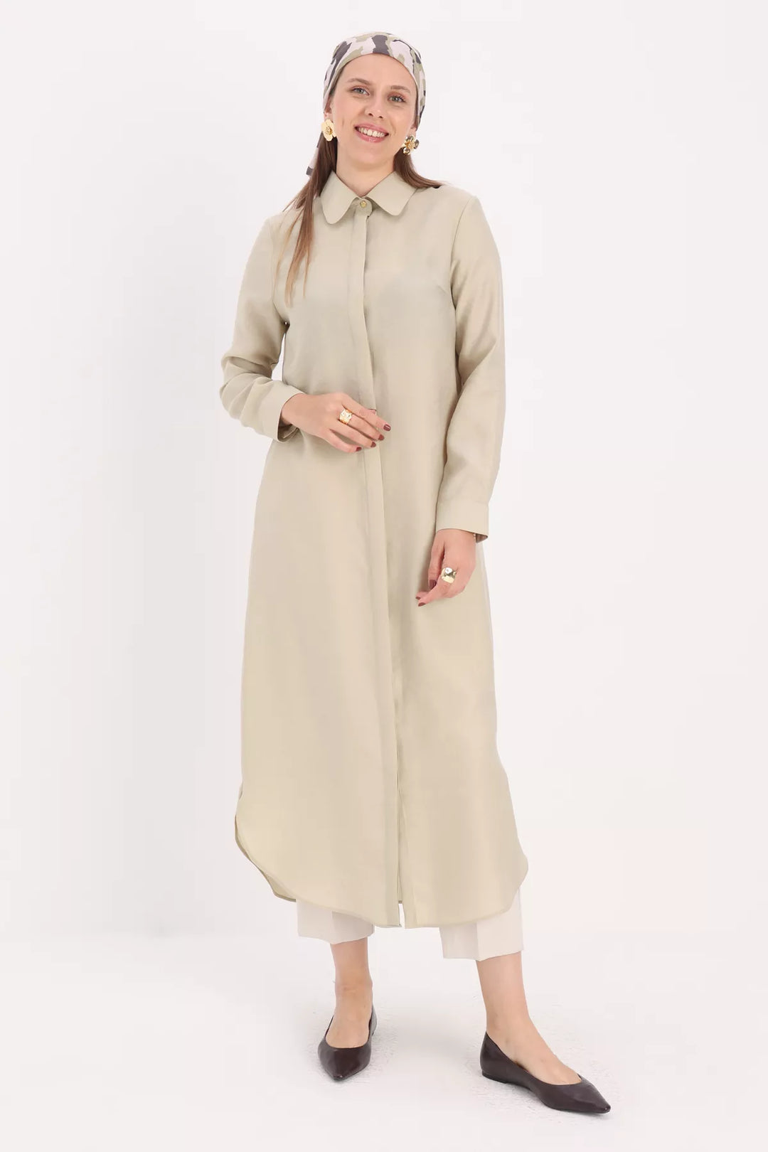 Hidden Button Tencel Shirt Tunic - Light Green